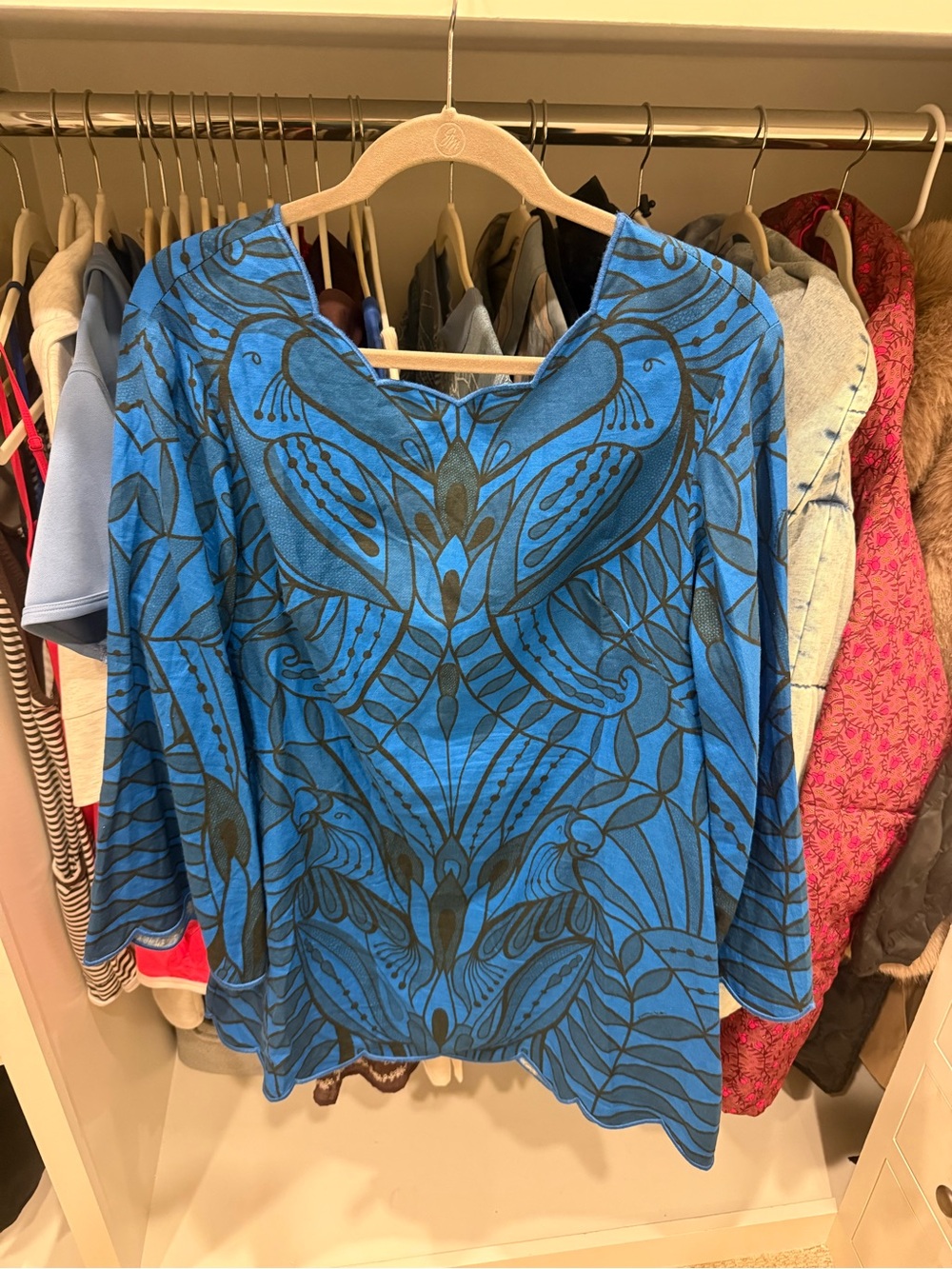 FARM Rio Blue Long Sleeve Scoop Neck Top with Black Botanical Print